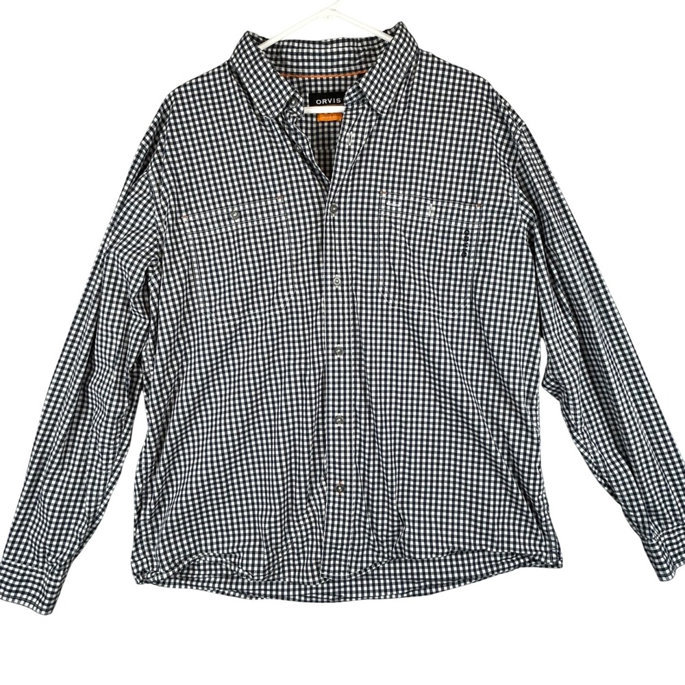 Orvis Mens XL Active Fit Gingham Button Down Shirt Navy Blue White Stretch LS
